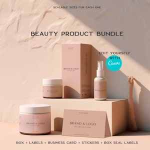 Custom cosmetic and beauty branding bundle Canva template.Editable skincare and body product packaging branded box & label for print.