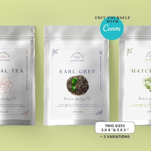 Custom editable Tea blend packaging label for tea bag or pouch.Canva tea labels template for herbal product.Printable label package design