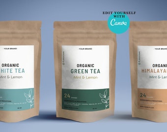 Custom Tea packaging label. Editable herbal tea labels for tea bag or tea pouch.Custom Canva tea labels template for tea product bag favors