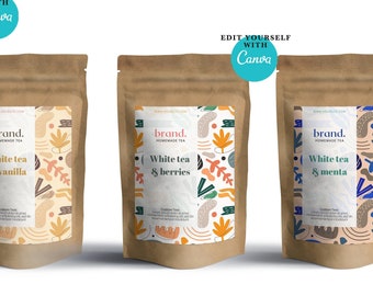 Custom editable Canva labels for tea & herbal product.Printable tea bag or pouch packaging labels design.Labels for handmade items an maker