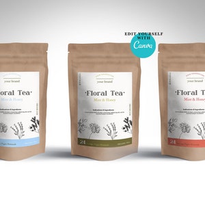 Custom Tea packaging label. Editable natural product labels, Tea bag & tea pouch labels.Canva tea labels template. Custom label for product.
