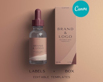 カスタム編集可能な美容＆化粧品ボックス + ラベル テンプレート Canva バンドル。スキンケアとボディ製品のパッケージ 2 オンス、8 オンス、16 オンスのボトル ラベル デザイン
