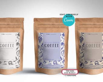 Coffee label template editable for Canva.Custom Canva Label Design for Coffee Packaging & Tea.Printable pouch label coffee paper bag busines