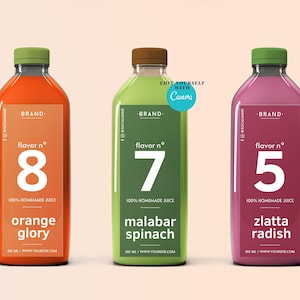 Minimal printable juice bottle label template.Editable drinking labels 12 oz & 16 oz bottles.Custom Juicing brand packaging design.