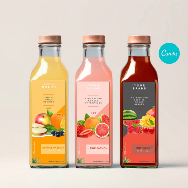 Printable fruity Fresh Juice canva label template,Editable custom Juice packaging labels design for 12oz 16oz bottle,Juicing branding design