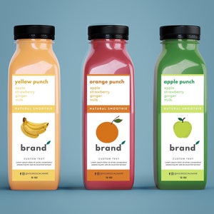 Aangepaste Juice-labelsjabloon voor flessen van 2oz, 4oz. Bewerkbare smoothie-labelsjabloon. Digitaal afdrukbaar sapmerkbedrijf Canva-labelsjabloon
