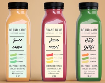 Juice bottle label template, 12 and 16 oz juice bottle label template, Editable juice label sticker design, Smoothie label template