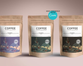 Custom Coffee Label for bag or pouch Canva template.Editable tea and coffee packaging labels & stickers design.Coffee brand package labels.