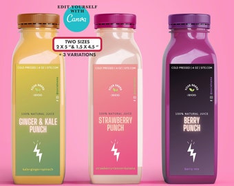 Etichetta di succo modificabile in Canva per bottiglia di succo quadrato o rotondo. Etichetta stampabile Confezione di succo fai da te. Marchio della barra di succo. Produttore di succo di etichetta