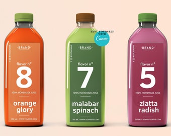 Modello minimo di etichetta per bottiglia di succo stampabile. Etichette per bere modificabili Bottiglie da 12 e 16 once. Design personalizzato dell'imballaggio del marchio Juicing.
