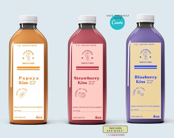 Custom Smoothies and juice packaging labels template for Canva.Juicery company printable 12 oz, 16oz bottle labels design.