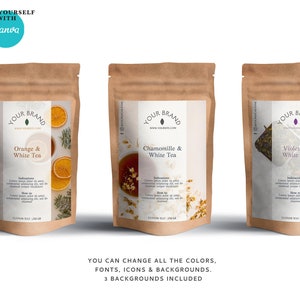 Etiqueta de embalagem de chá personalizada. Rótulos de chá editáveis para saco kraft ou bolsa. Modelo de rótulos de chá Canva. Etiqueta personalizada para lembrancinhas de saquinhos de chá de produtos