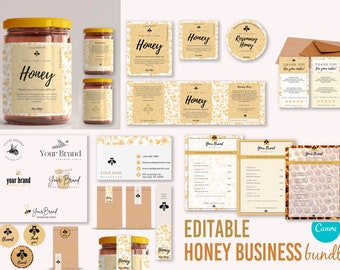 Modifiez vous-même le modèle Canva pour une entreprise de miel et d'apiculture. Ensemble de modèles d'emballage de miel DIY. Conception d'étiquettes de ferme de produits de miel personnalisés