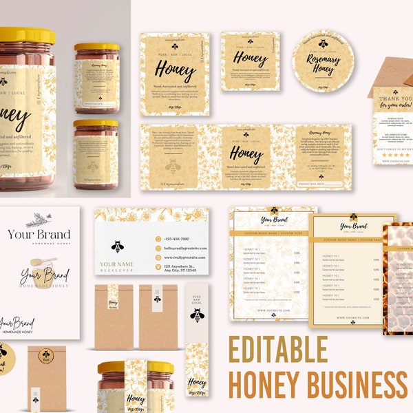 Edit yourself Canva template for a honey and beekeeping business.DIY Honey packaging templates bundle.Custom honey product farm label design