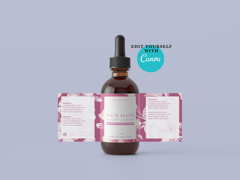 May include: A brown glass bottle with a dropper top and a label that says "Your Brand Night Serum 100% Natural 4 oz www.yoursite.com". The label has a floral design with pink and white flowers. The bottle is sitting on a light blue background. Edit Yourself with Canva.