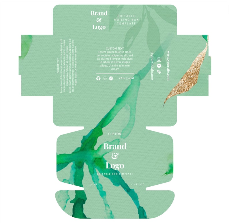 May include: Editable box template with a green watercolor background and gold glitter accents. The text "Brand & Logo" is displayed on the front of the box. The box is designed for packaging products such as cosmetics, candles, or jewelry.