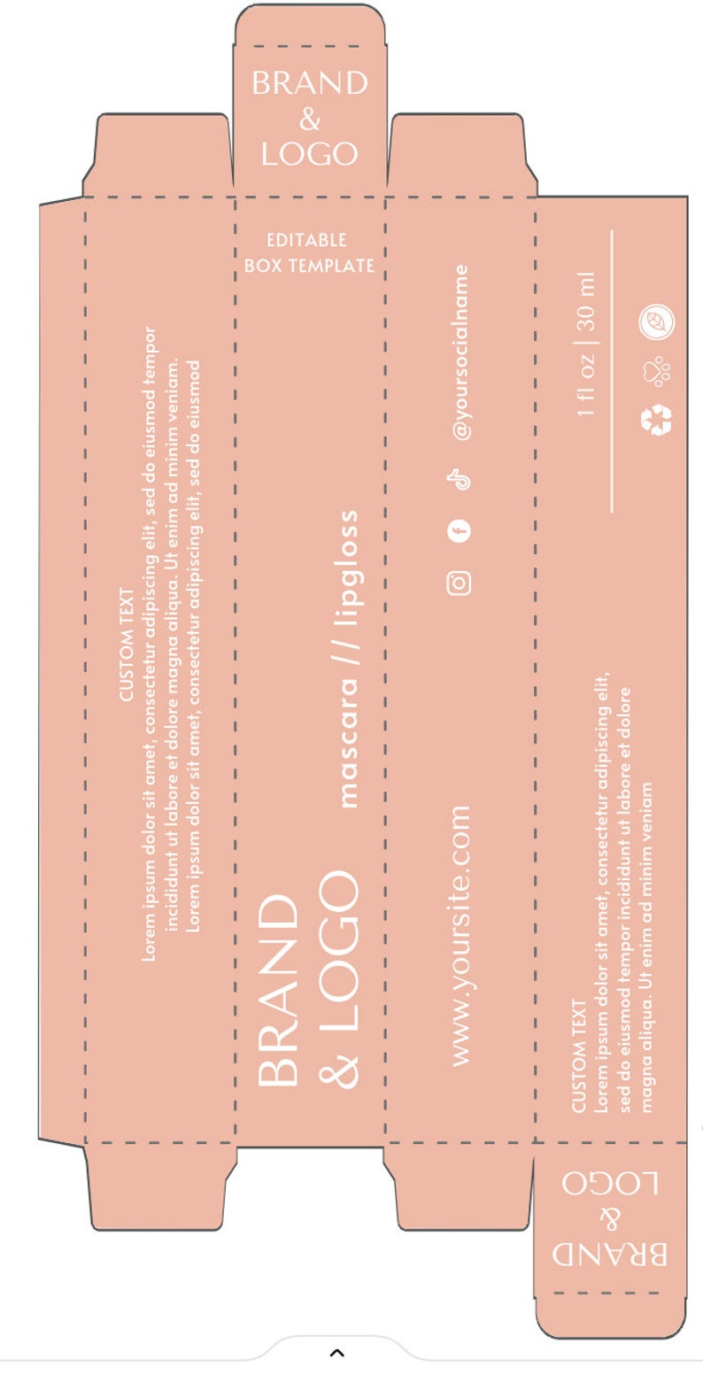 May include: A flat, unfolded cosmetic box template in a soft peach color. The design includes areas for a brand logo, product name "mascara // lipgloss", and social media handles. It also features space for custom text and website information.