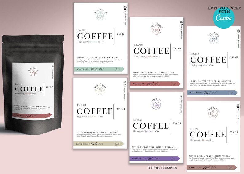 Coffee Bag Label Template for Canva, Custom Natural Coffee Pouch Label