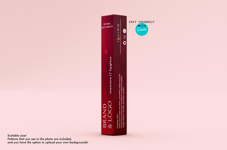 May include: A vertical, rectangular box with a gradient red and black design, labeled "mascara // lipgloss." The box includes the text "BRAND & LOGO" and "CUSTOM TEXT." It also states "1 fl oz | 30 ml" and "EDIT YOURSELF WITH Canva."