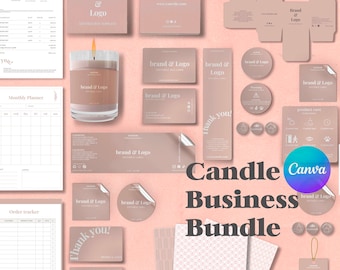 May include: A pink and white candle business branding bundle with a variety of customizable templates, including labels, boxes, stickers, and social media graphics. The bundle includes a monthly planner, order tracker, and product care instructions.