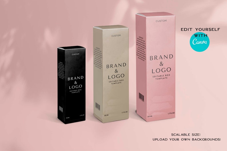 Puede incluir: Tres cajas de productos rectangulares en negro, beige y rosa, cada una con el texto "BRAND & LOGO" y "EDITABLE BOX TEMPLATE". Las cajas est&aacute;n etiquetadas como "CUSTOM" y "50 ml". Fondo rosa.