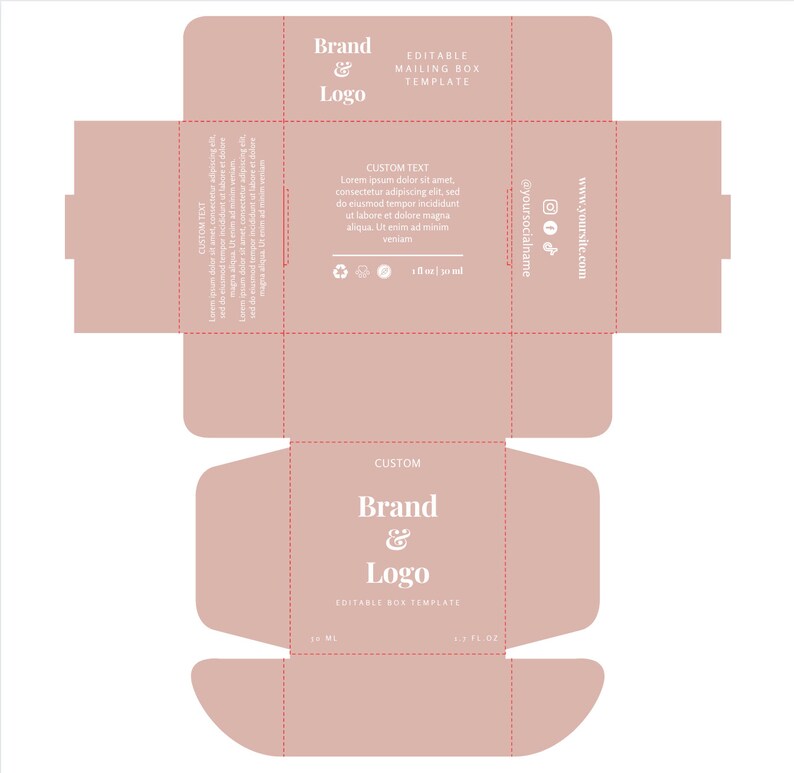 May include: Editable box template with a pink background. The box has a custom text area, a space for a brand and logo, and a section for social media information. The text "Brand & Logo" is displayed in a white font. The text "Editable Box Template" is also displayed in a white font. The text "www.yoursite.com" and "@yoursocialname" are displayed in a white font.
