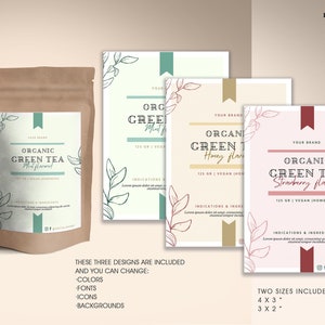 May include: Three printable labels for organic green tea with different flavours: mint, honey, and strawberry. Each label features a hand-drawn leaf design and the text "Organic Green Tea" with the flavour listed below. The labels are in white, beige, and pink with green, gold, and red accents.