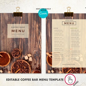 Editable menu and price list Canva template for Coffee shop & Bar.Printable digital restaurant menu design.Custom menu for coffee business.