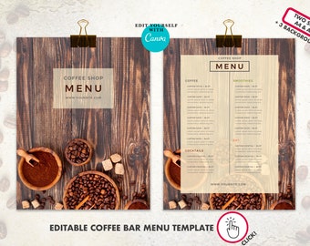 Menú editable y lista de precios Plantilla Canva para cafetería y bar. Diseño de menú de restaurante digital imprimible. Menú personalizado para negocios de café.