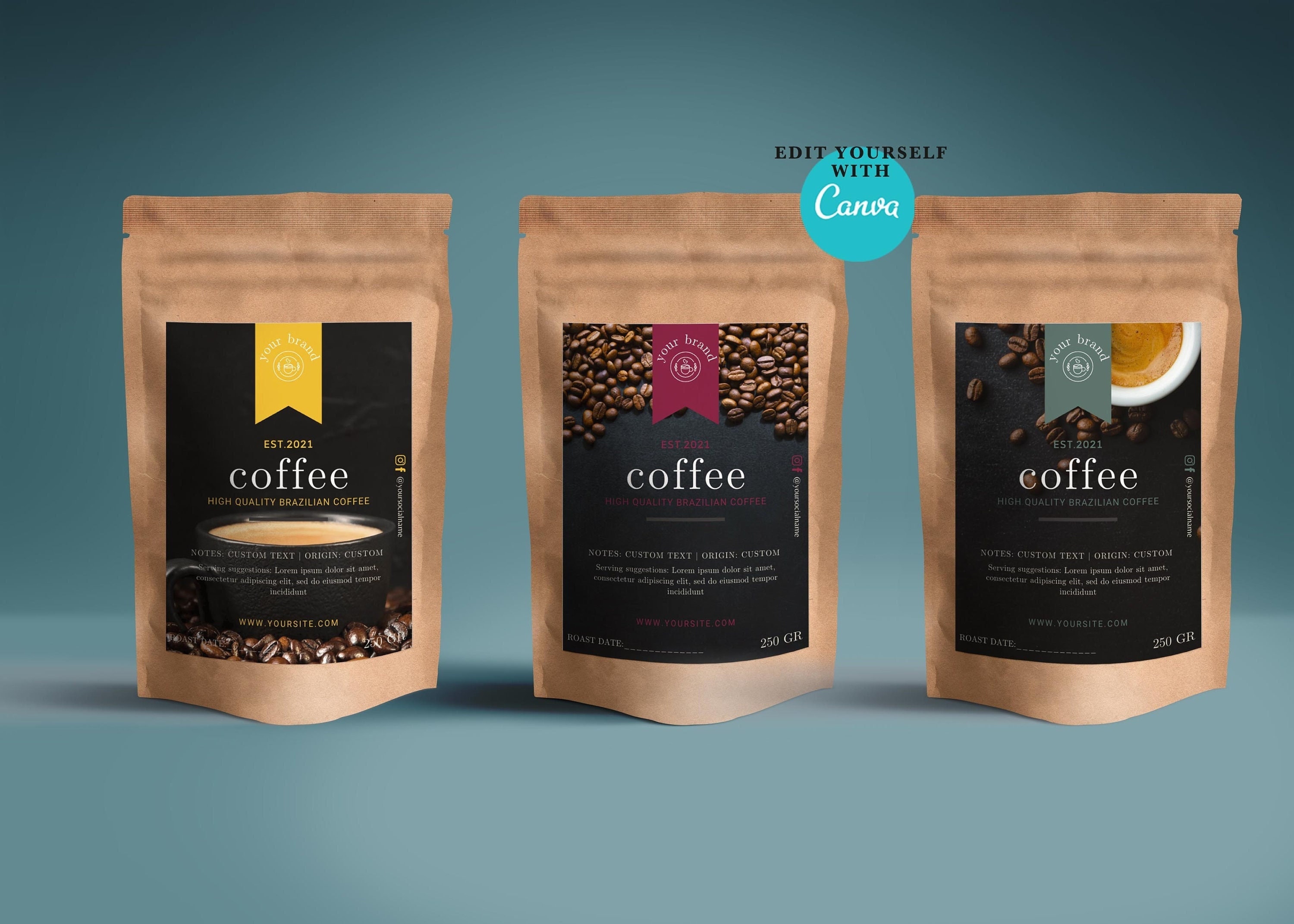Printable Coffee Bag Label Template, Editable Coffee Packaging Canva