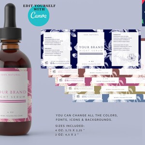 May include: A mockup of a product label for a 4 oz bottle of night serum. The label is pink with white text and a floral design. The text on the label reads "100% Natural", "Your Brand", "Night Serum", "4 oz", and "www.yoursite.com".
