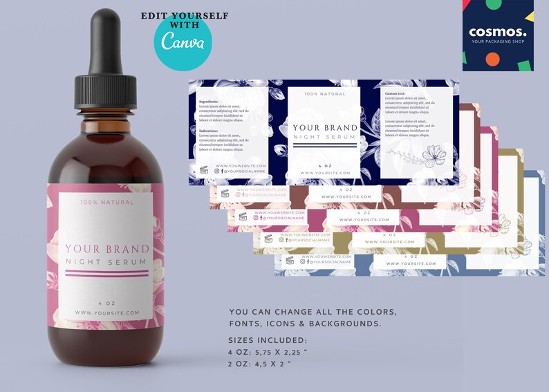 May include: A mockup of a product label for a 4 oz bottle of night serum. The label is pink with white text and a floral design. The text on the label reads "100% Natural", "Your Brand", "Night Serum", "4 oz", and "www.yoursite.com".