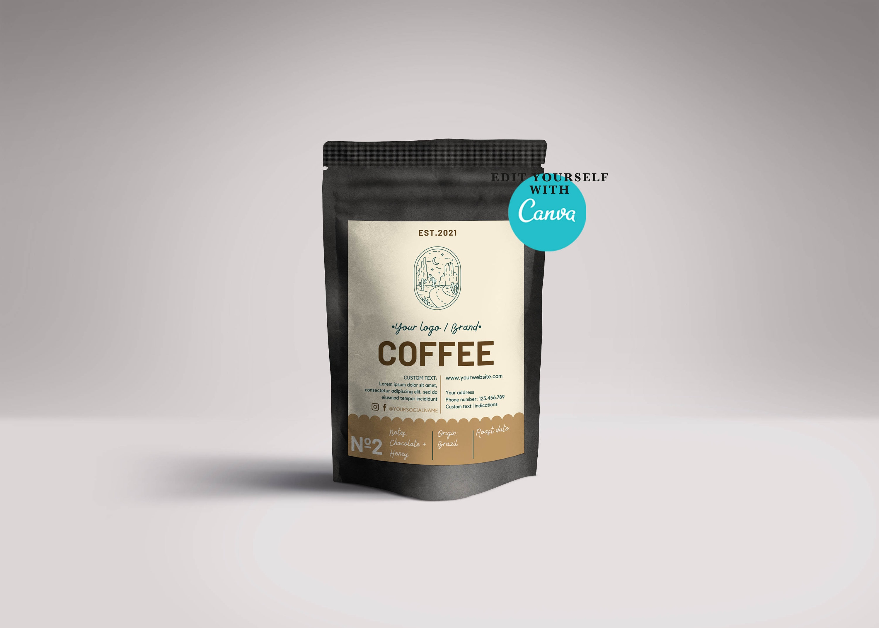 Printable Coffee Bag Label Template, Editable Coffee Packaging Canva