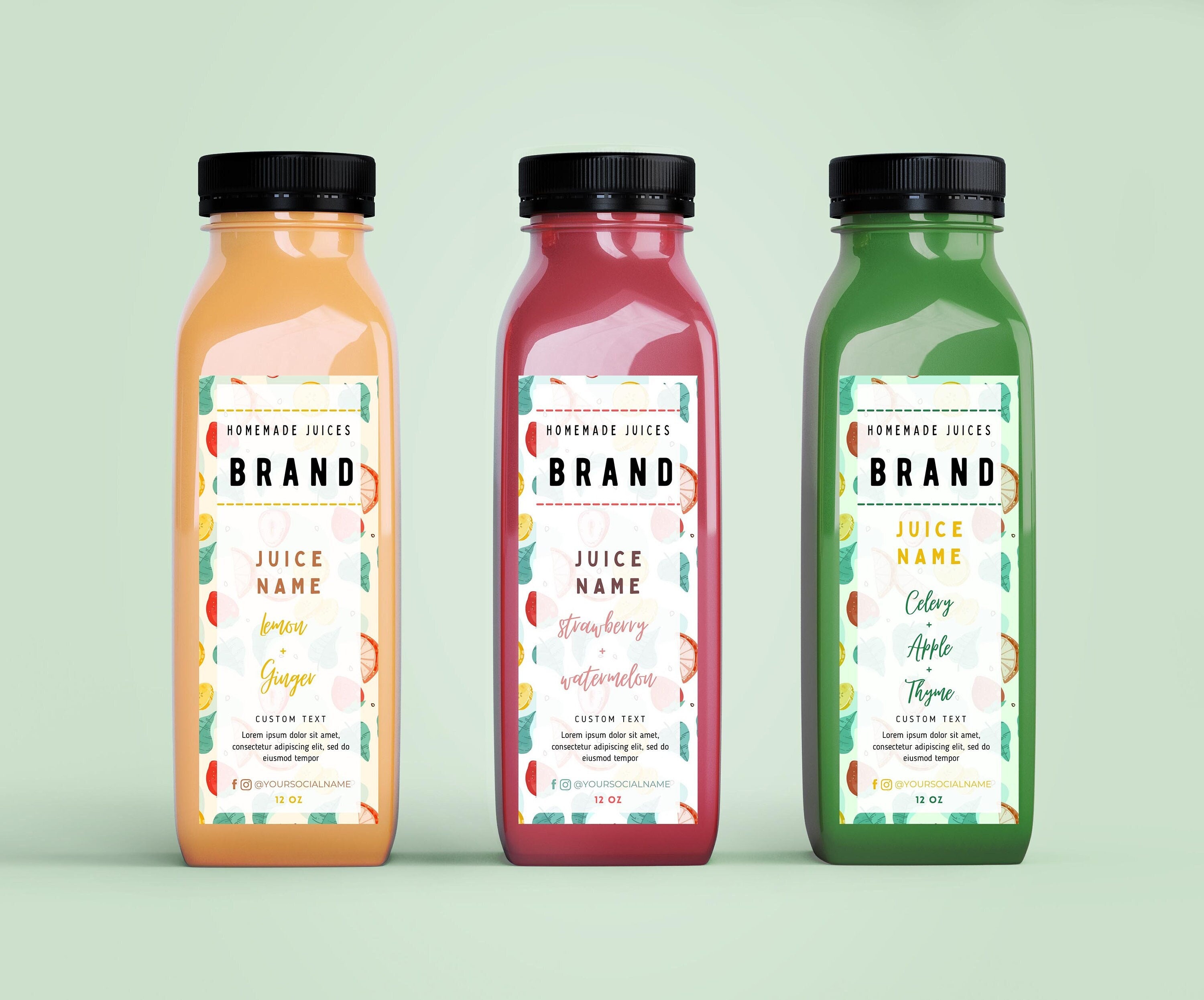 Editable Juice Bottle Label Template for 16 Oz & 12 Oz Bottle, Custom Juice Labels for Clear