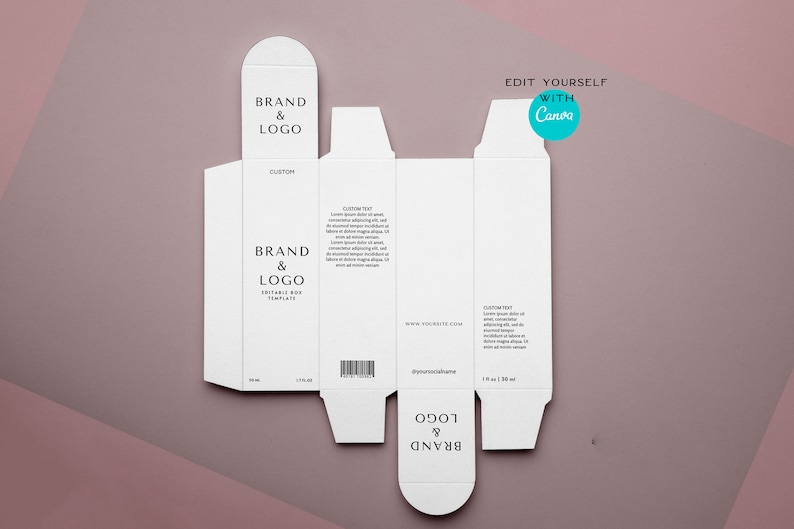Puede incluir: Una plantilla de caja de producto blanca, plana y sin plegar, con las palabras "BRAND & LOGO" impresas en negro. La plantilla incluye &aacute;reas para texto personalizado, un c&oacute;digo de barras y el texto "EDIT YOURSELF WITH Canva". El fondo es malva.