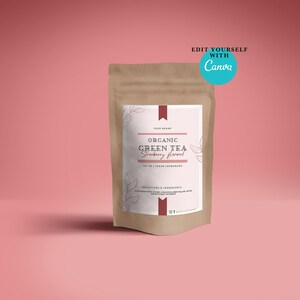 May include: A brown paper bag with a white label that says "Organic Green Tea Strawberry Flavored" and "Your Brand". The label has a red stripe and a floral design.