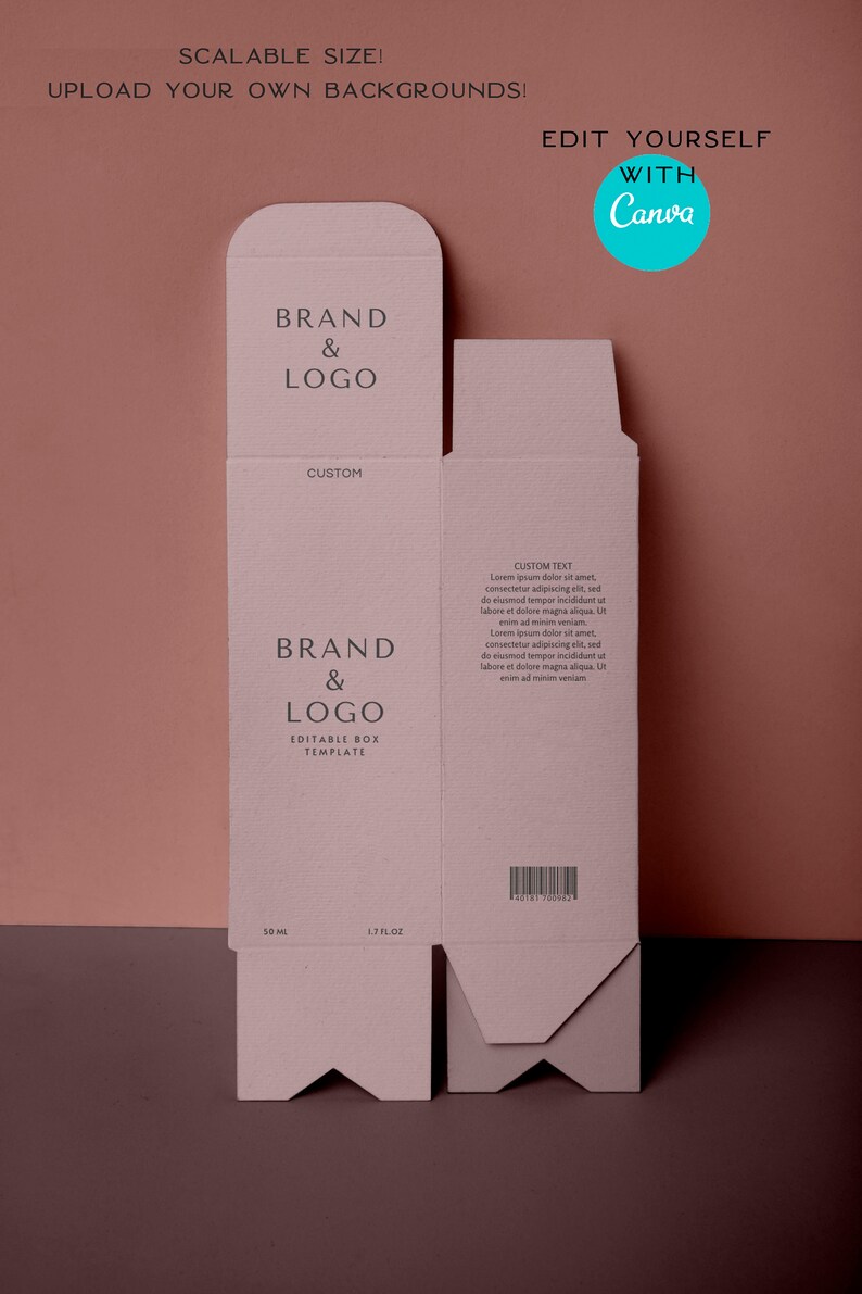 Puede incluir: Una plantilla de caja de producto rosa claro desplegada con las palabras "BRAND & LOGO" impresas. La caja est&aacute; etiquetada como "EDITABLE BOX TEMPLATE" e incluye el texto "50 ml" y "1.7 fl oz". La imagen tambi&eacute;n incluye el texto "EDIT YOURSELF WITH Canva".