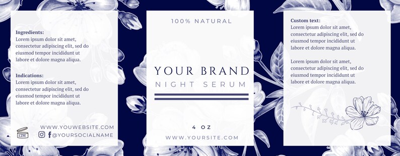May include: A white label with blue text for a 4 ounce bottle of night serum. The label says "100% Natural", "Your Brand", "Night Serum", and "www.yoursite.com". The label is surrounded by a blue background with white floral illustrations.