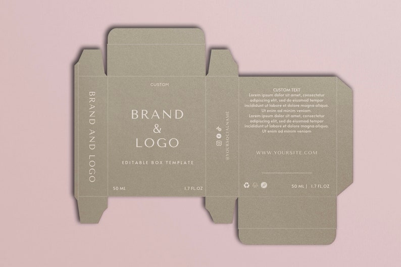Op de afbeelding: Een bruine kartonnen doos sjabloon voor een product met de tekst "BRAND & LOGO" en "EDITABLE BOX TEMPLATE". De doos is 50 ml of 1,7 fl oz. De tekst "CUSTOM TEXT" staat op de achterkant van de doos met een voorbeeldtekst over het product.