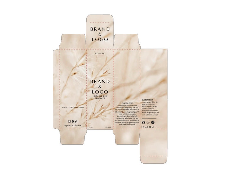 Puede incluir: Una plantilla de caja plegable y editable con un fondo beige y un dise&ntilde;o floral sutil. El dise&ntilde;o incluye &aacute;reas para un logotipo de marca, un sitio web y redes sociales. La caja est&aacute; dise&ntilde;ada para contener 30 ml de producto.