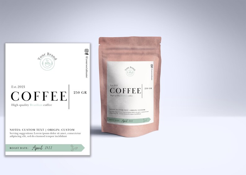 Coffee Bag Label Template for Canva, Custom Natural Coffee Pouch Label