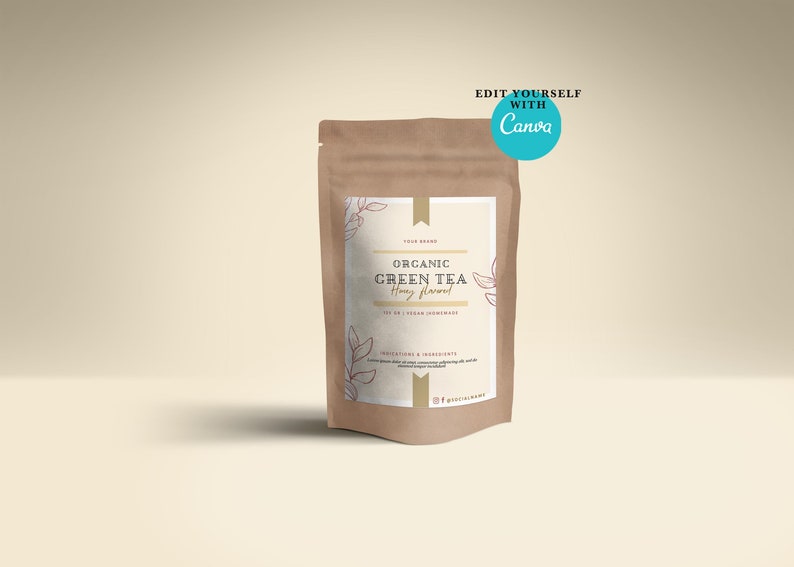 May include: A brown paper bag with a label that says "Organic Green Tea Honey Flavored". The label has a floral design and the text "Your Brand".