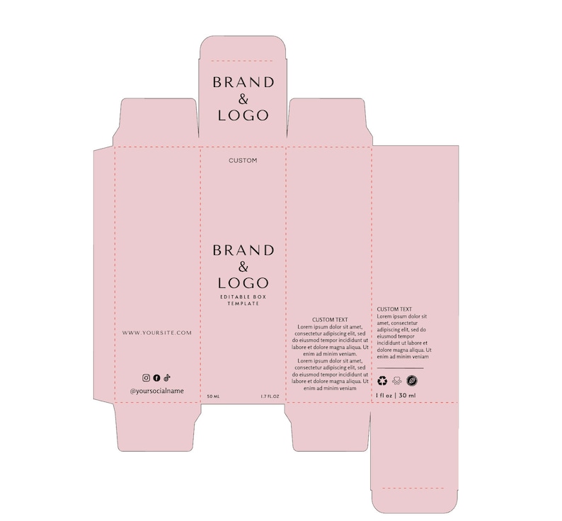 Puede incluir: Una plantilla de caja rosa plana y desplegada con l&iacute;neas de puntos para plegar. El dise&ntilde;o incluye &aacute;reas para un logotipo de marca, un sitio web y perfiles de redes sociales. El texto incluye "Plantilla de caja editable" y "Texto personalizado".