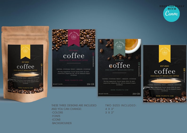Printable Coffee Bag Label Template, Editable Coffee Packaging Canva