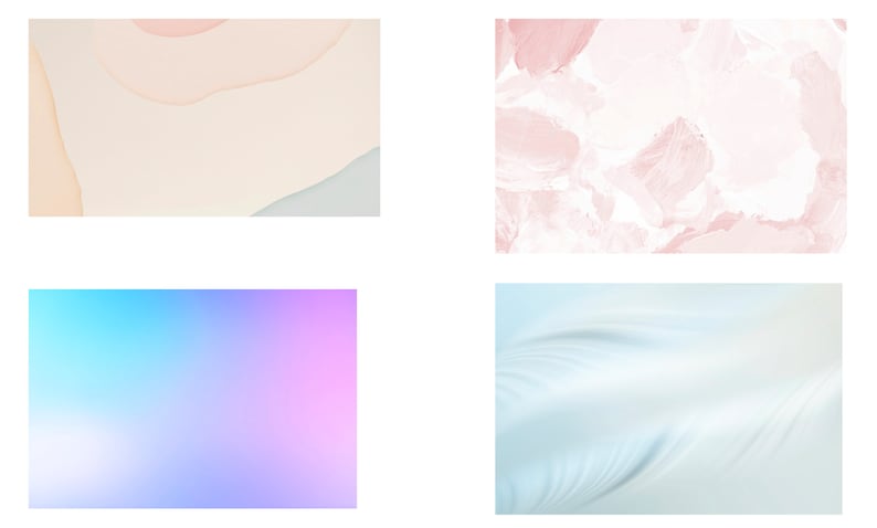 May include: A set of four abstract digital backgrounds in soft pastel colors. The backgrounds feature a variety of textures, including smooth gradients, swirling patterns, and organic shapes.
