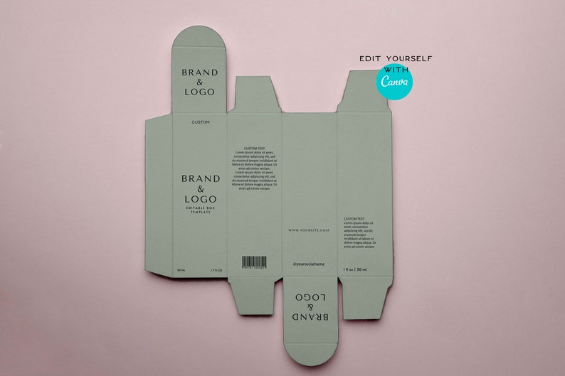 Puede incluir: Vista superior de una plantilla de caja de producto verde salvia sin plegar, con campos de texto para un logotipo de marca y texto personalizado. El dise&ntilde;o incluye una solapa superior, paneles laterales y una solapa inferior, con un c&oacute;digo de barras.