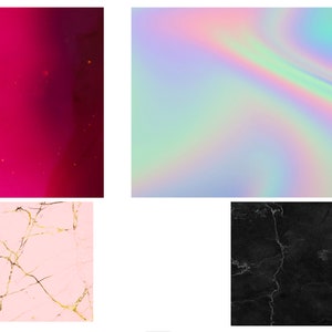 May include: A collection of four abstract backgrounds. The top left features a deep magenta gradient. The top right showcases a holographic, iridescent design. The bottom left displays a pink marble pattern with gold veining. The bottom right presents a black marble texture.