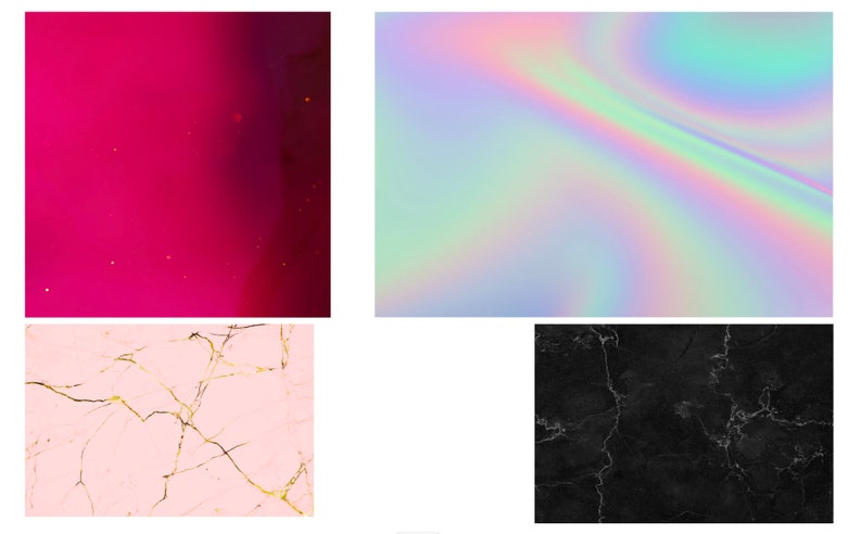 May include: A collection of four abstract backgrounds. The top left features a deep magenta gradient. The top right showcases a holographic, iridescent design. The bottom left displays a pink marble pattern with gold veining. The bottom right presents a black marble texture.