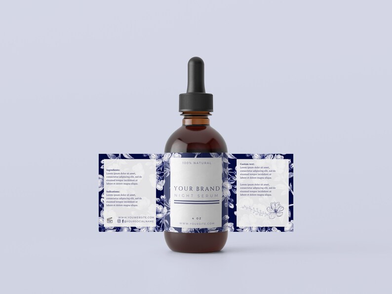 May include: A brown glass bottle with a dropper top and a white label that says "100% NATURAL YOUR BRAND NIGHT SERUM 1 OZ WWW.YOURSITE.COM" The label has a blue floral design.