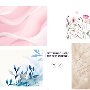 Puede incluir: Una colecci&oacute;n de patrones florales y abstractos en acuarela. Incluye un dise&ntilde;o abstracto rosa, un campo de flores silvestres, un dise&ntilde;o floral azul y un patr&oacute;n de hierba beige. Texto: PATTERNS INCLUDED FOR YOUR OWN USE.